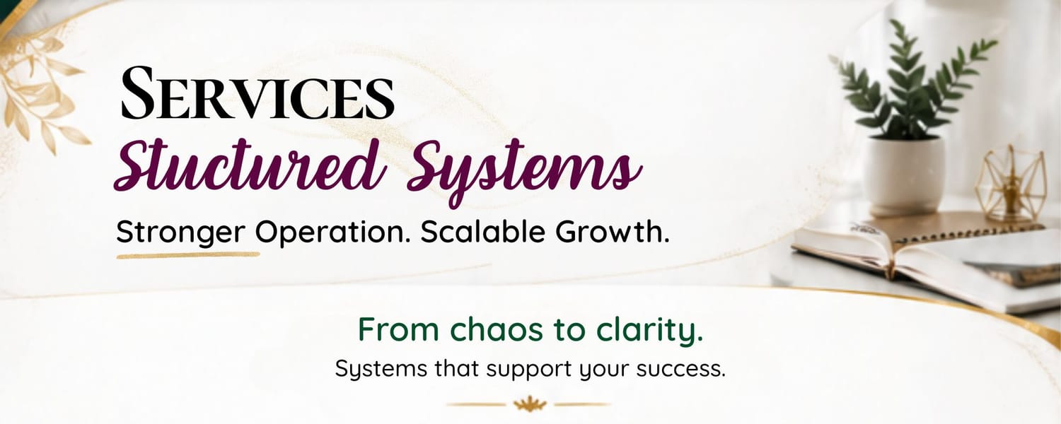Services. Structured systems. Stronger operation. Scalable growth. From chaos to clarity. Systems that support your success.